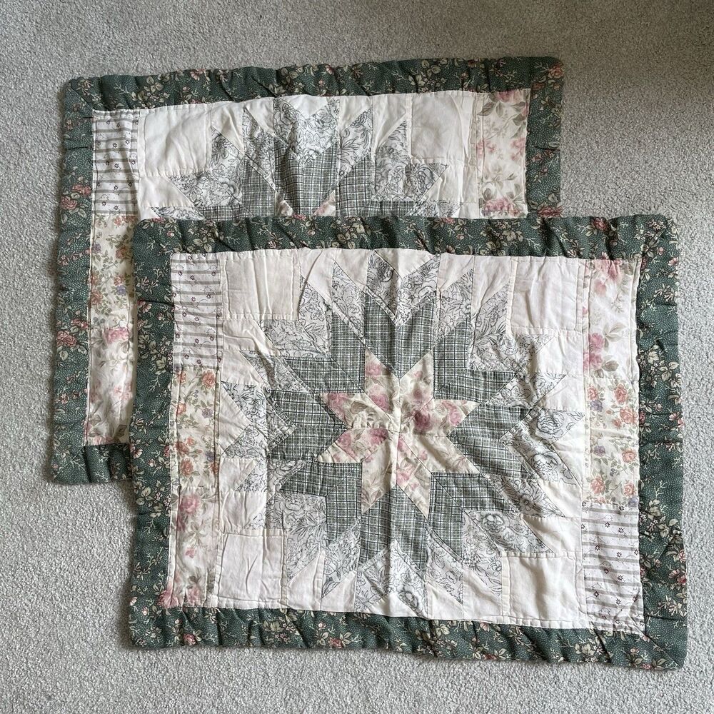 Vintage Quilted Pillow Shams Cases Cottagecore Rustic Boho Queen Size Set of 2